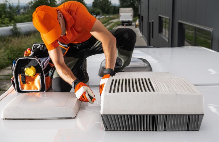 Service professional preparing equipment